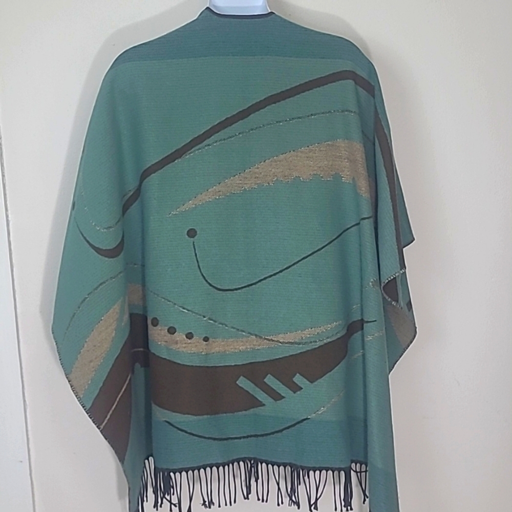 Reversible Ruana Wrap Cape Turquoise & Brown Soft Knit Boho Fringe Shawl XL 1 sz - Picture 3 of 14